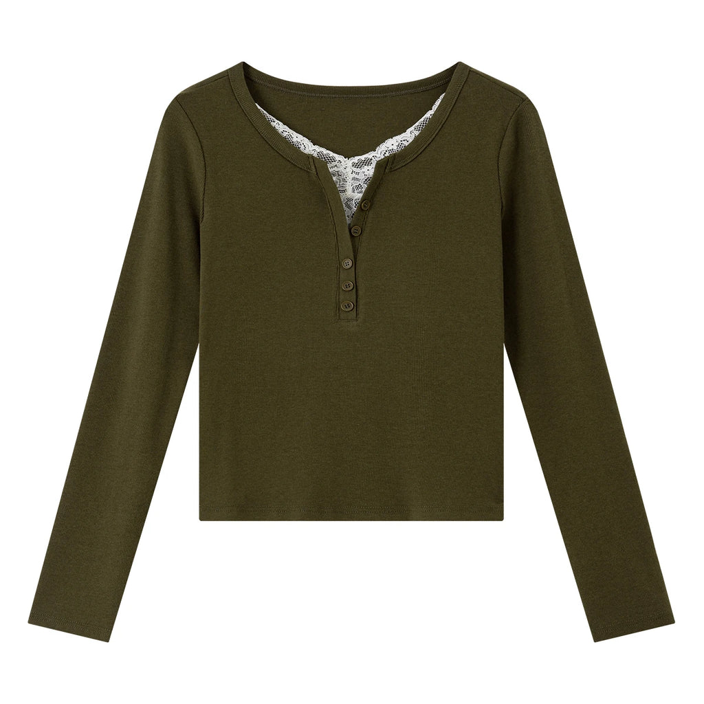 Lace-Trim Henley Long-Sleeve Top