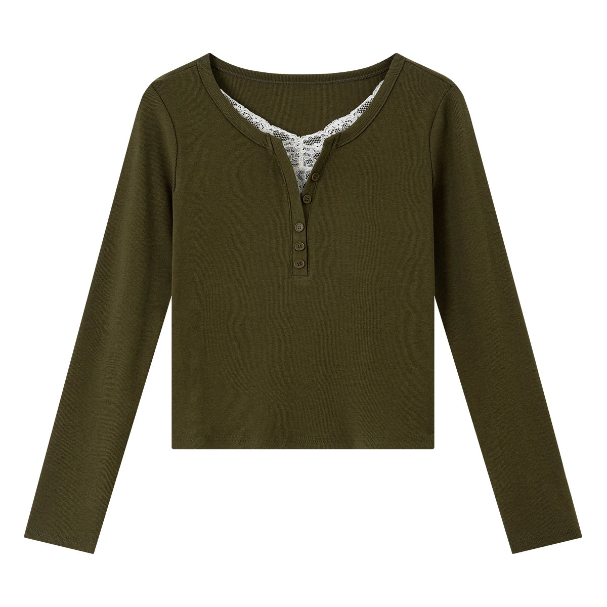 Lace-Trim Henley Long-Sleeve Top