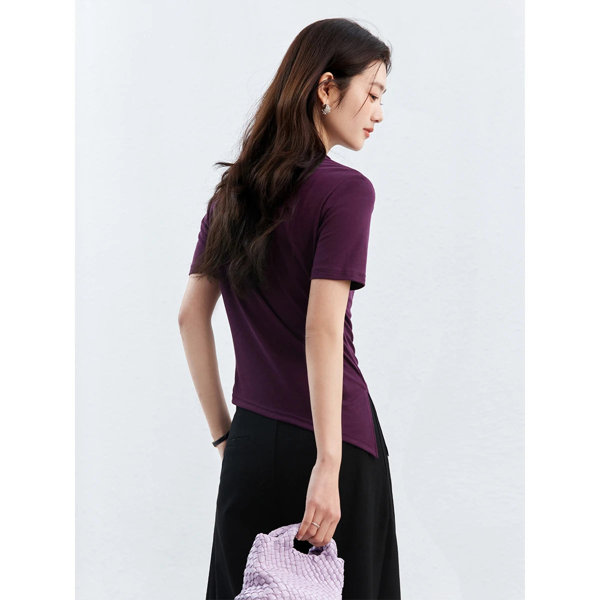 Bow-Neck Asymmetric Short-Sleeve Top