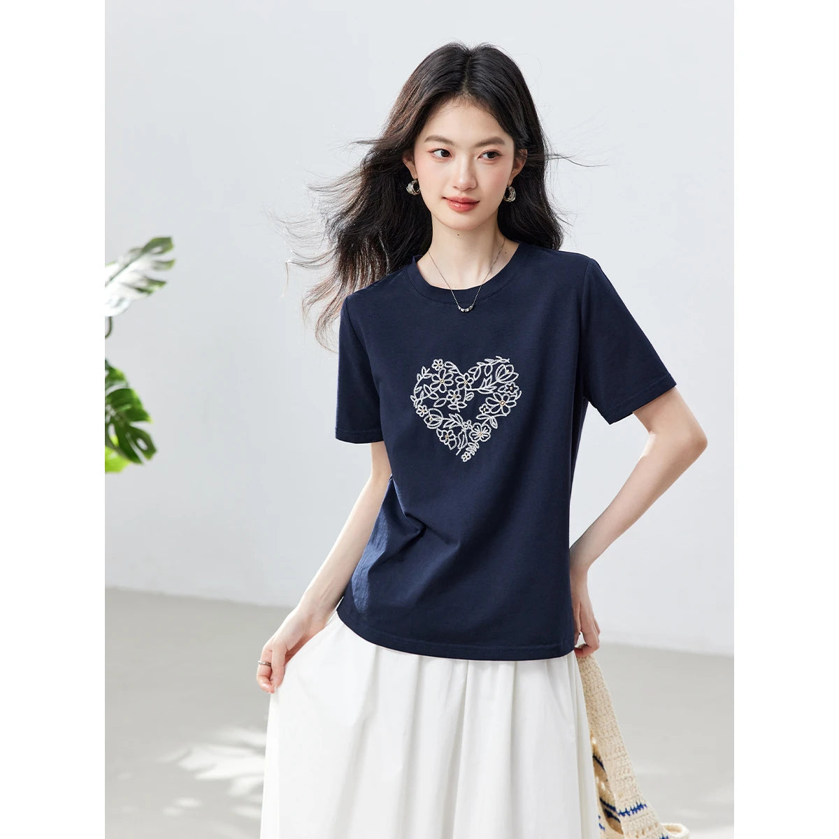Floral Heart-Embroidered Crew-Neck Tee