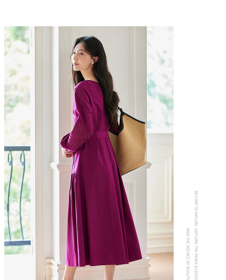 Tie-Waist Balloon-Sleeve Midi Dress