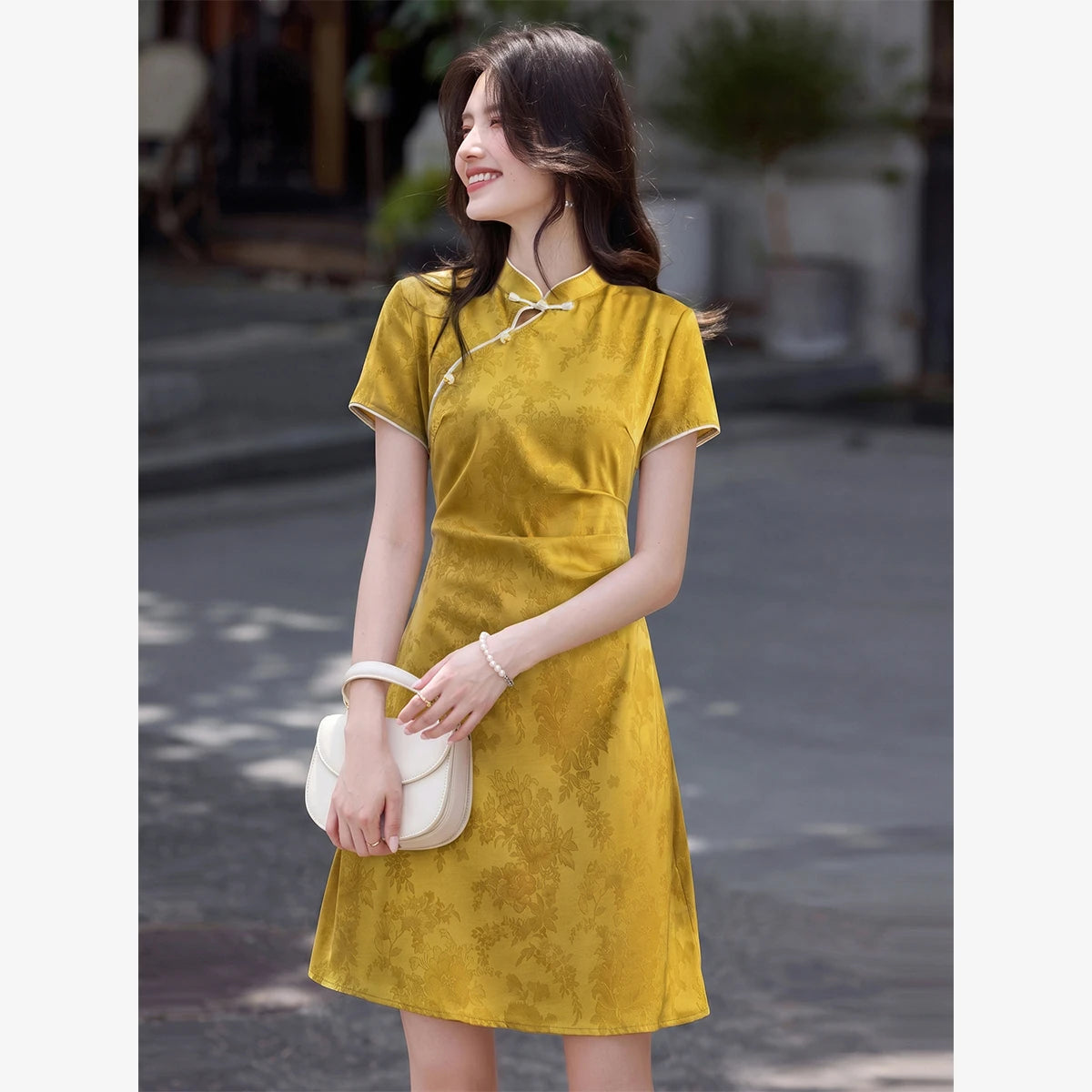 Jacquard Mandarin-Collar Mini Dress