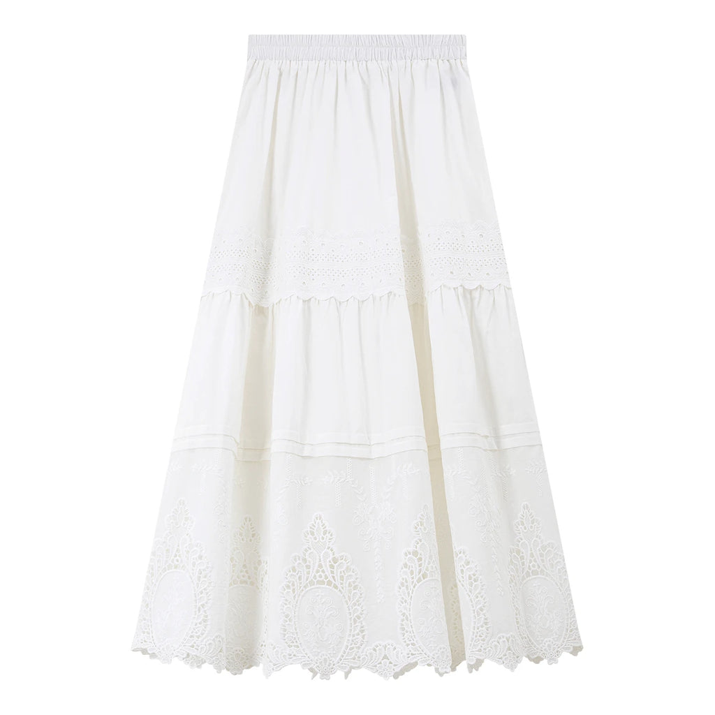 Eyelet-Hem Tiered Midi Skirt