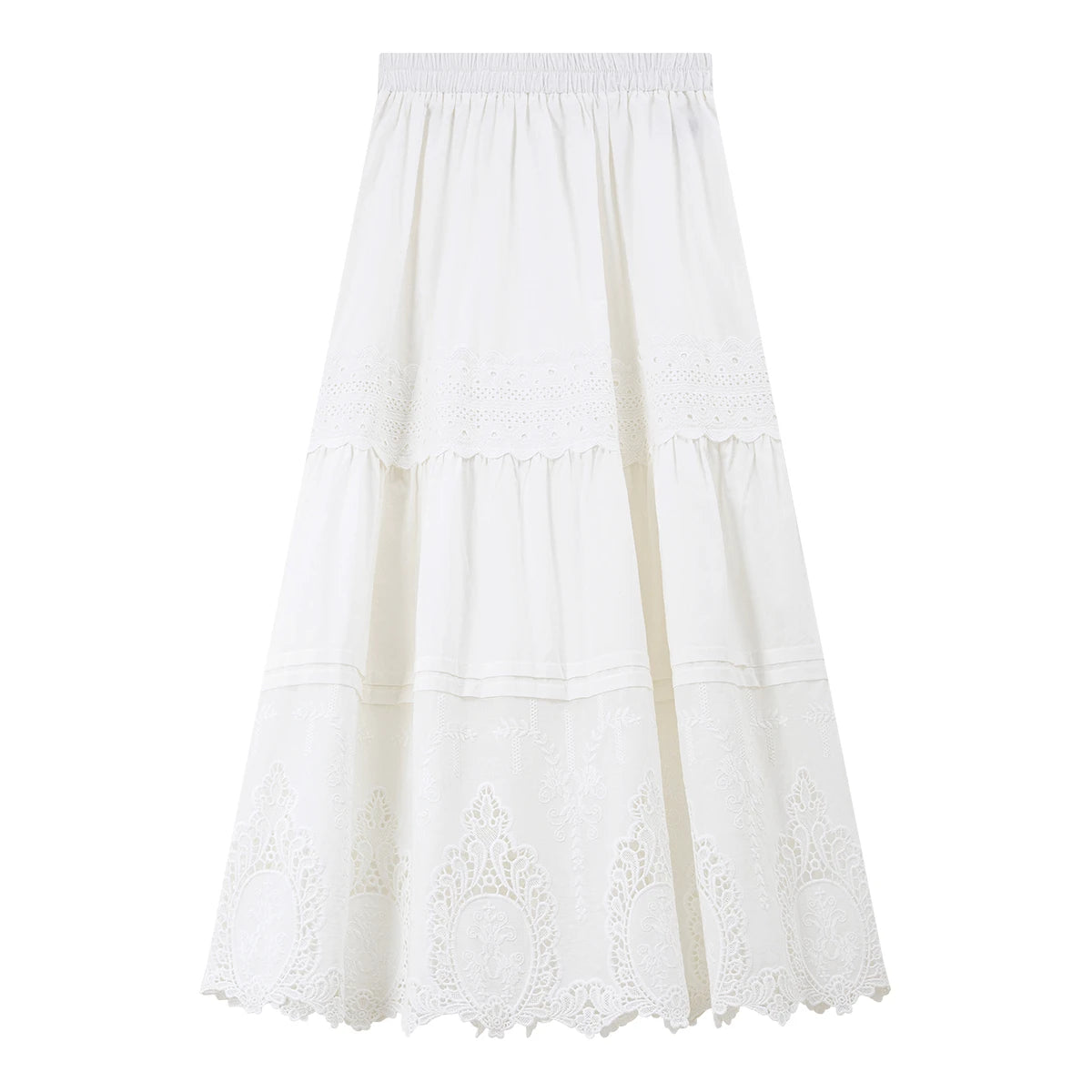 Eyelet-Hem Tiered Midi Skirt