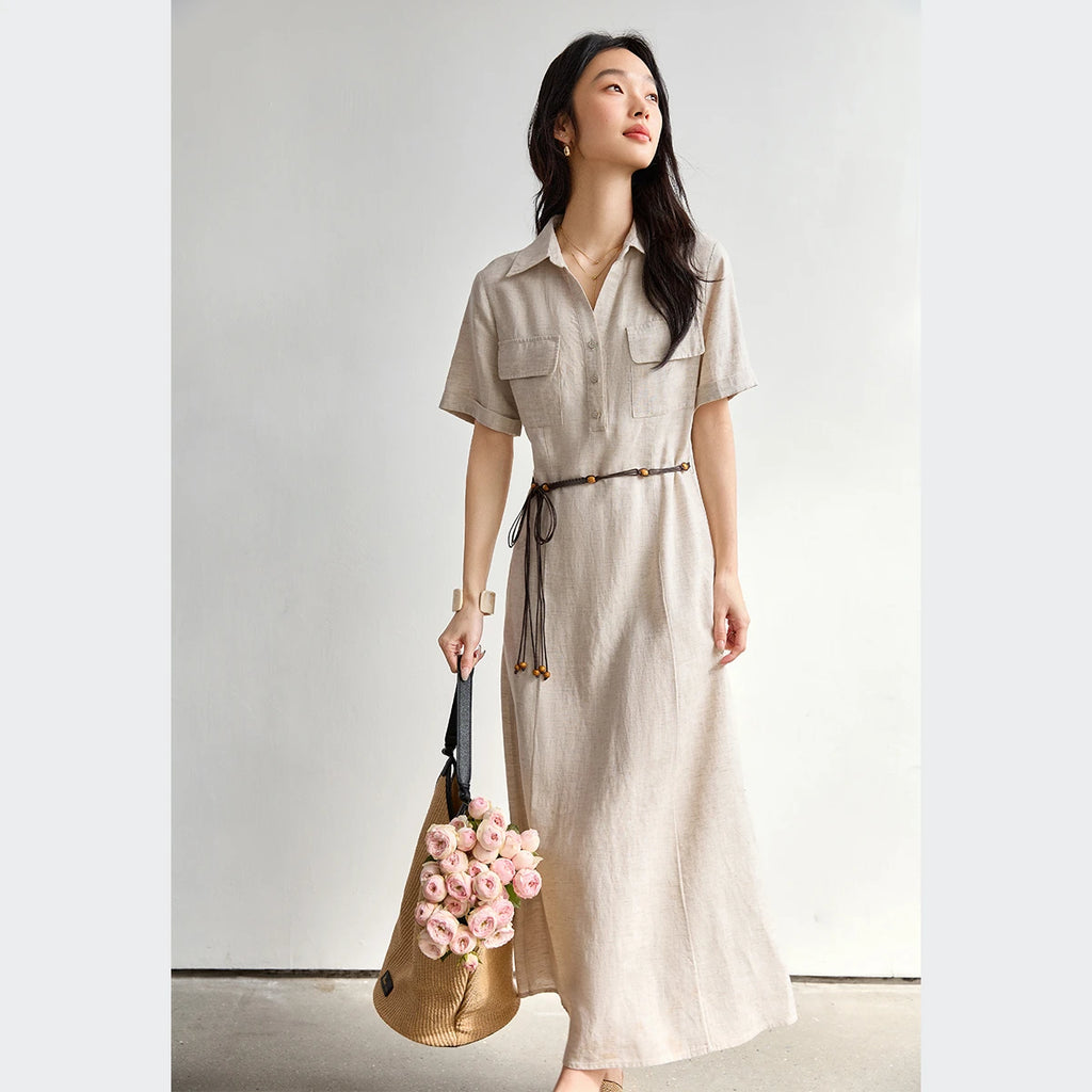 Belted Short-Sleeve Shirt Midi Dress