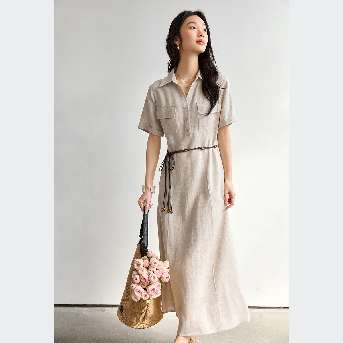 Belted Short-Sleeve Shirt Midi Dress