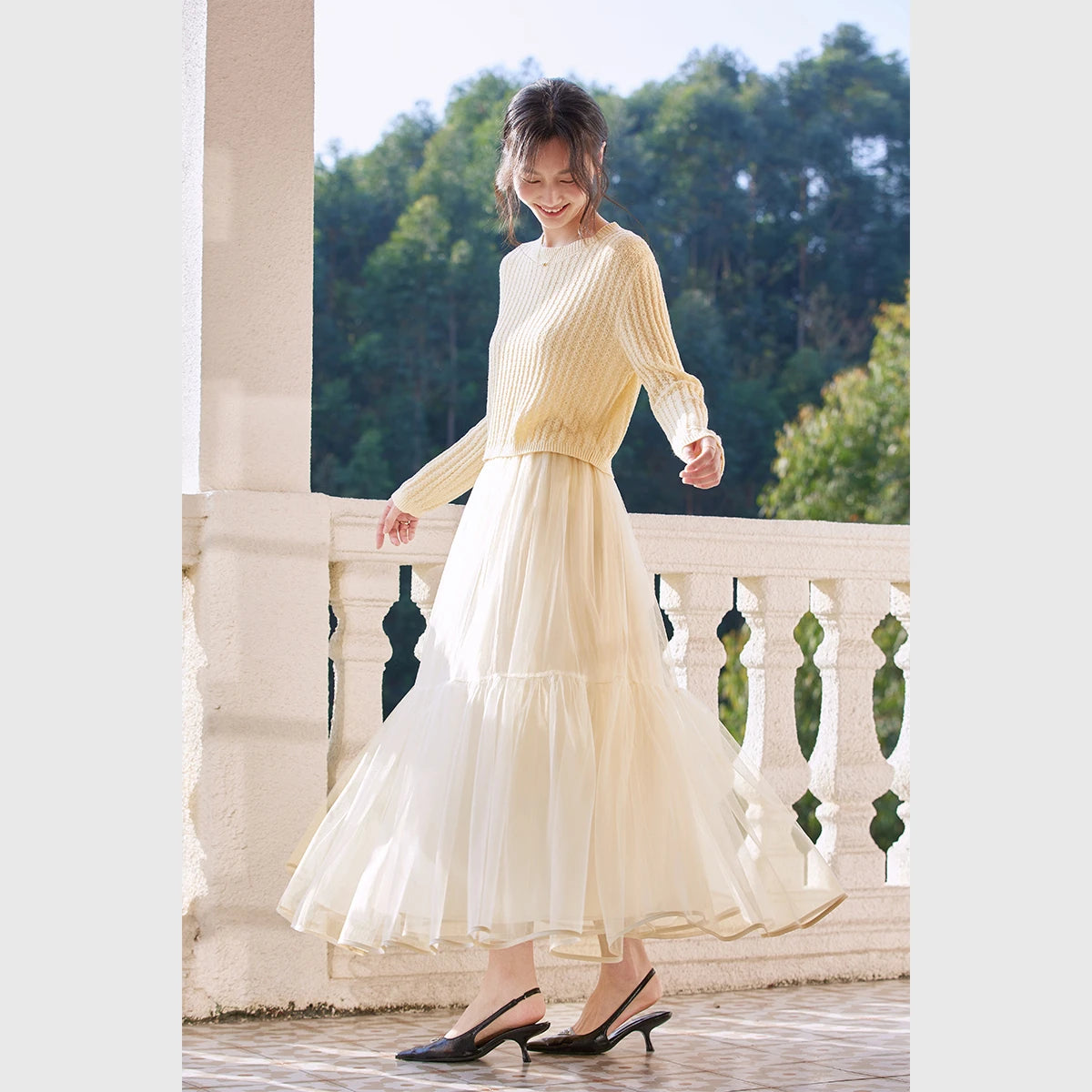 Tiered Mesh Midi Skirt