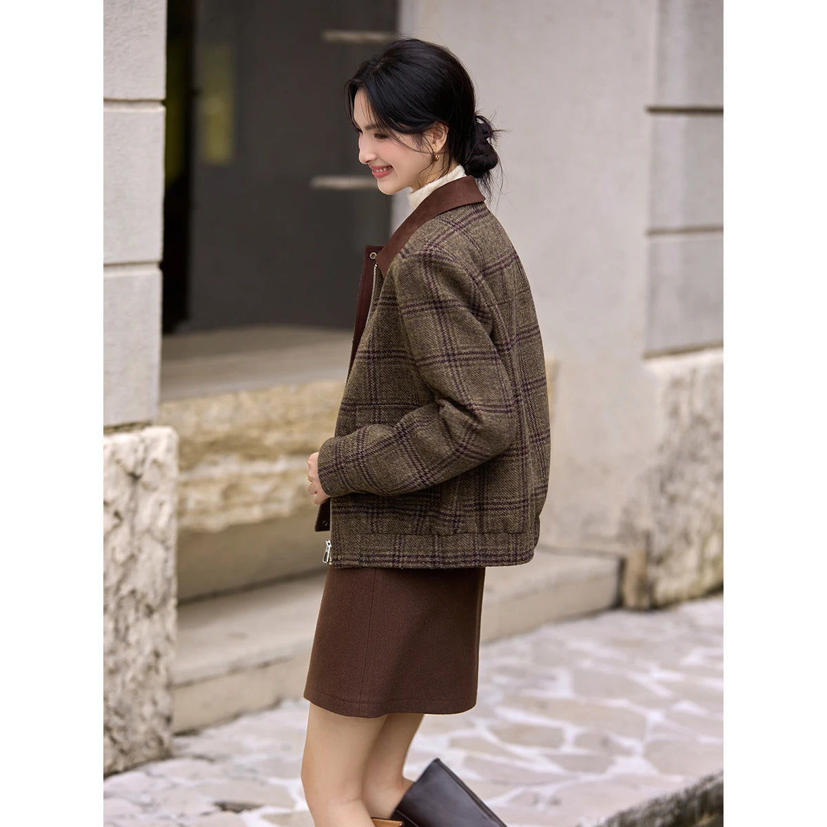 Plaid Contrast-Collar Cropped Jacket