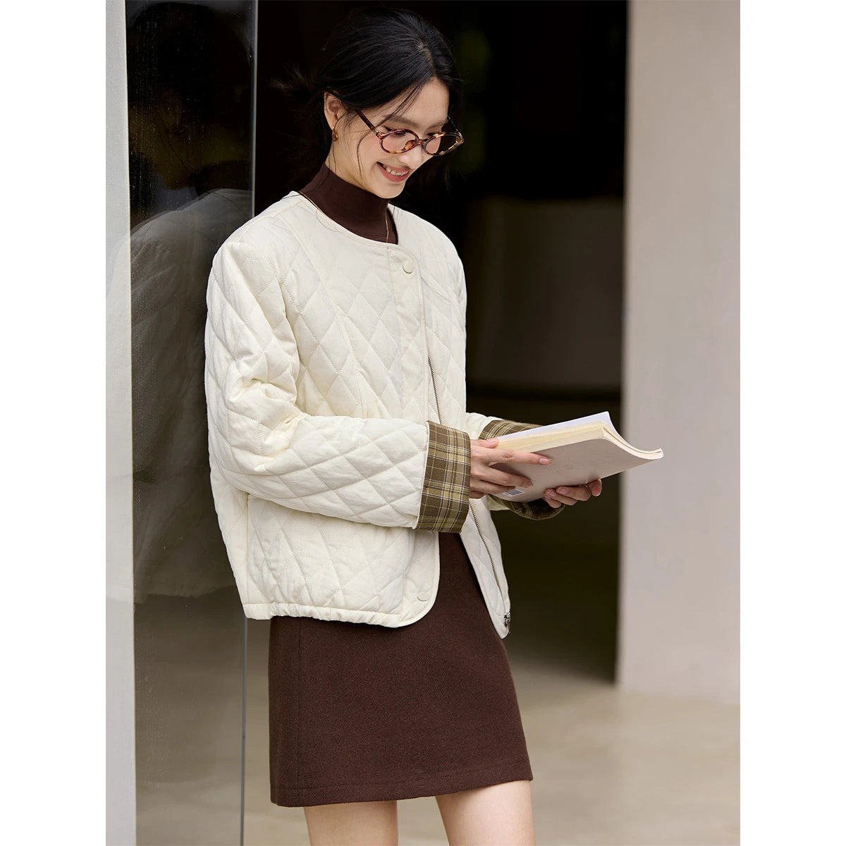 Plaid-Cuff Quilted Cropped Jacket