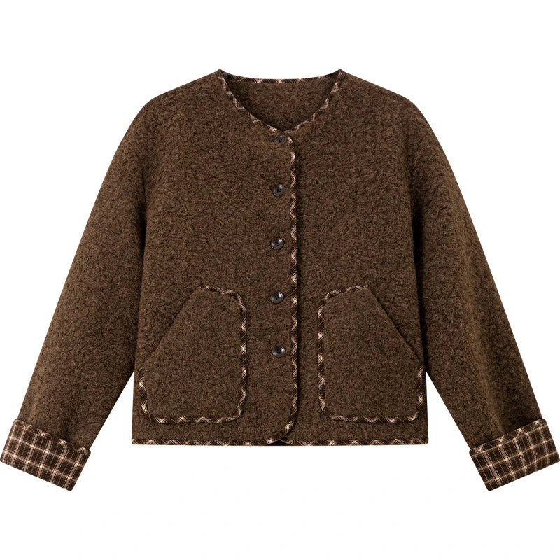 Contrast-Trim Collarless Cropped Jacket