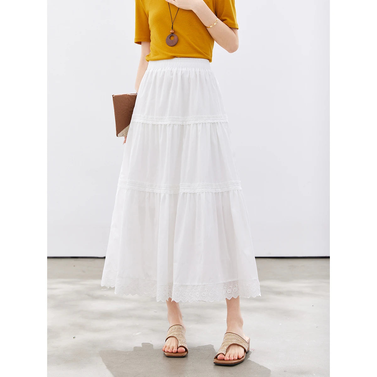 Lace-Hem Tiered Maxi Skirt
