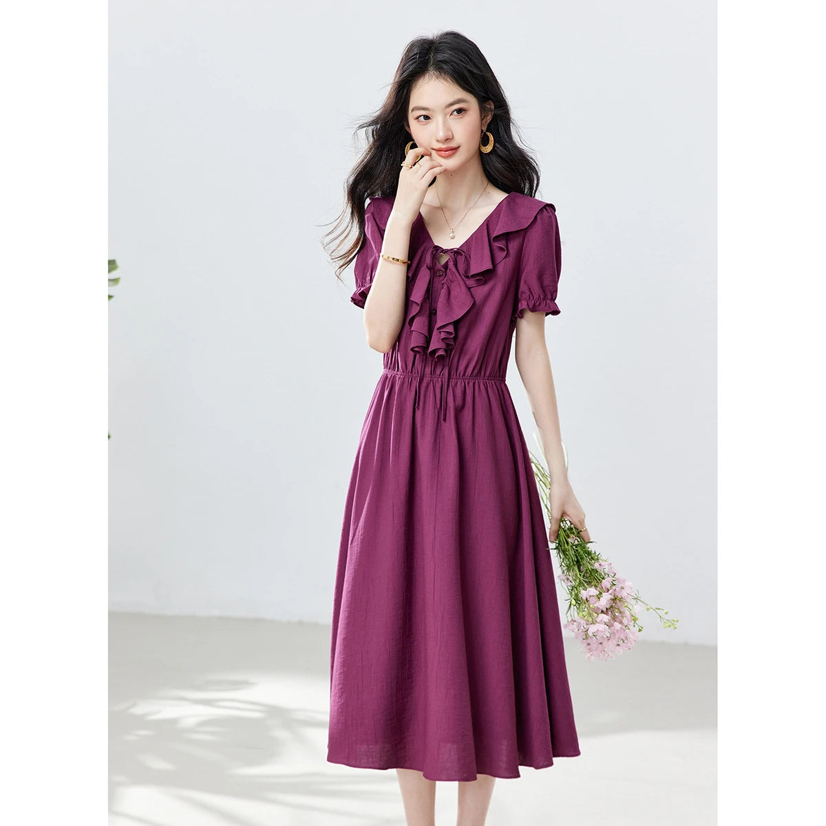 Ruffle-Front Puff-Sleeve Midi Dress