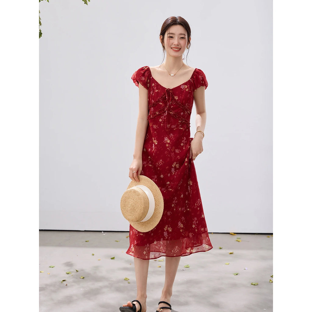 Floral Square-Neck Ruffle Midi Dress