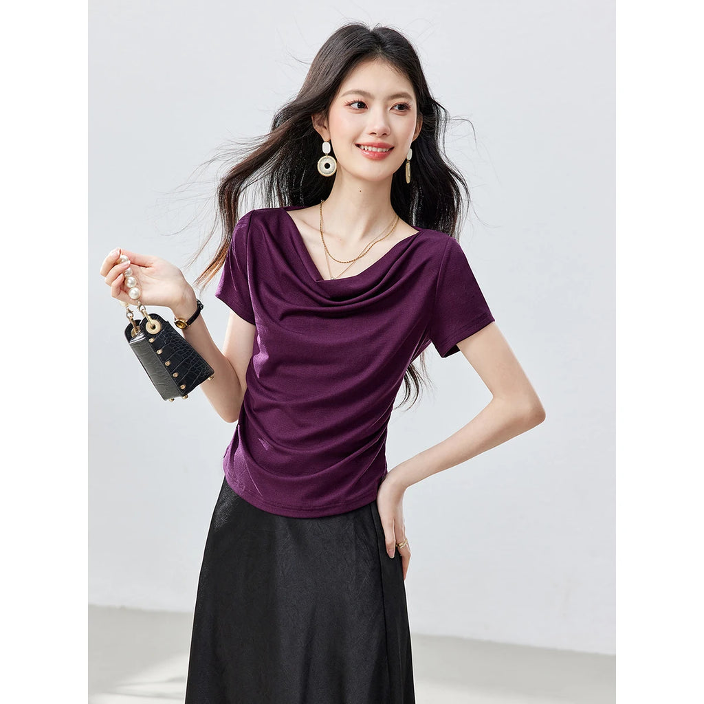 Draped Cowl-Neck Short-Sleeve Top