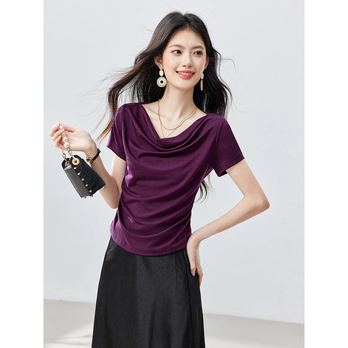 Draped Cowl-Neck Short-Sleeve Top