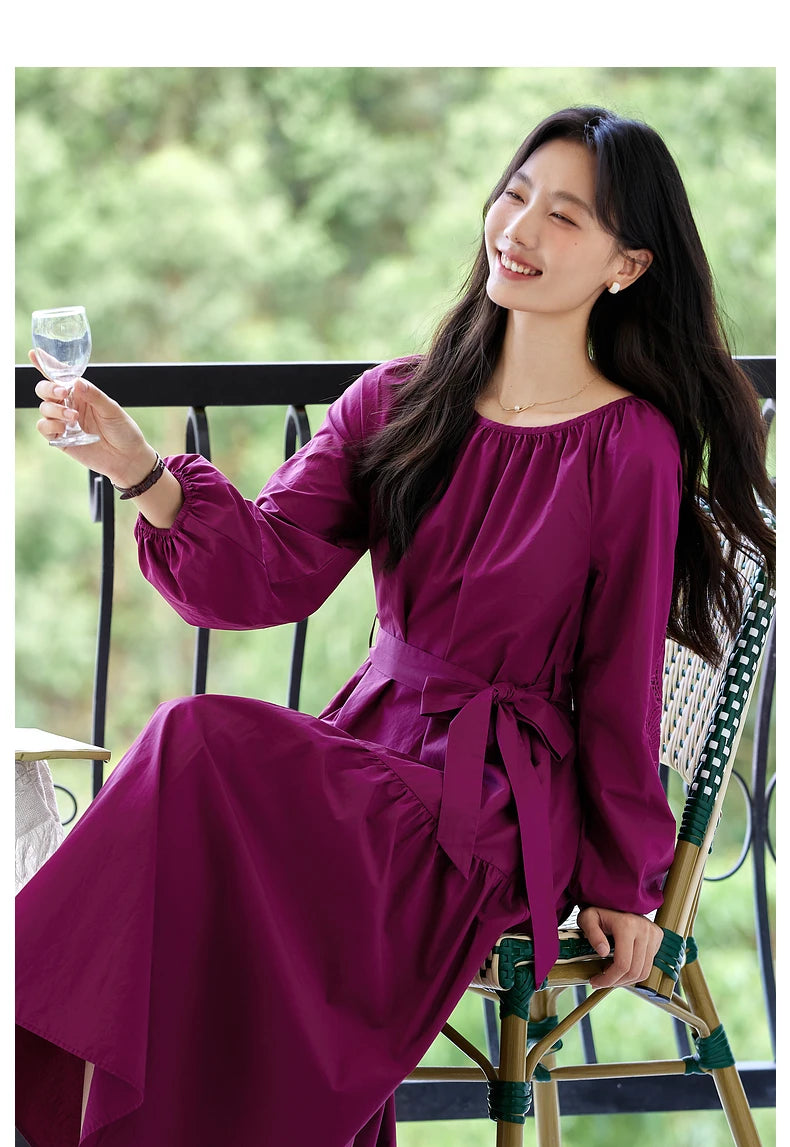 Tie-Waist Balloon-Sleeve Midi Dress