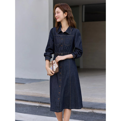 Belted Button-Front Denim Midi Dress