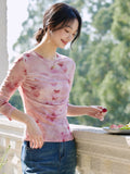 Abstract Mesh Ruched Long-Sleeve Top