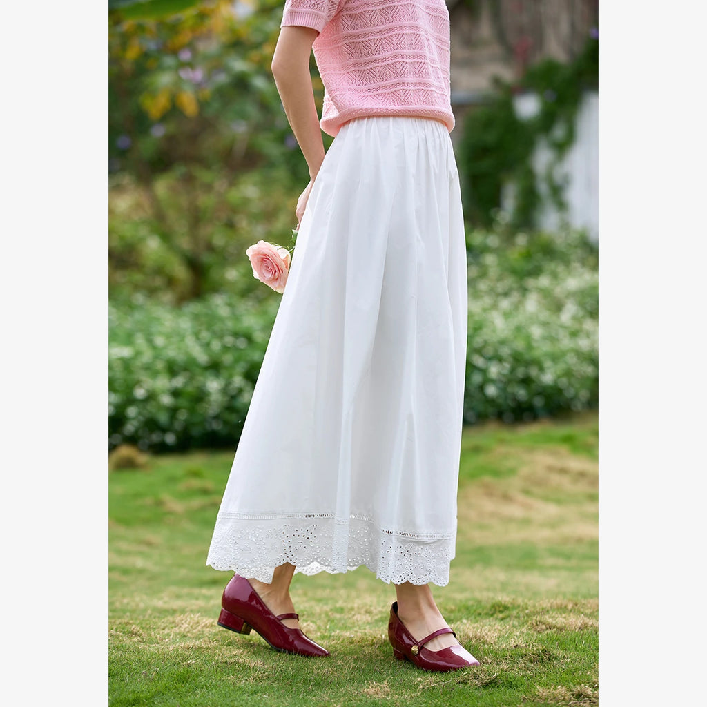 Lace-Hem A-Line Midi Skirt