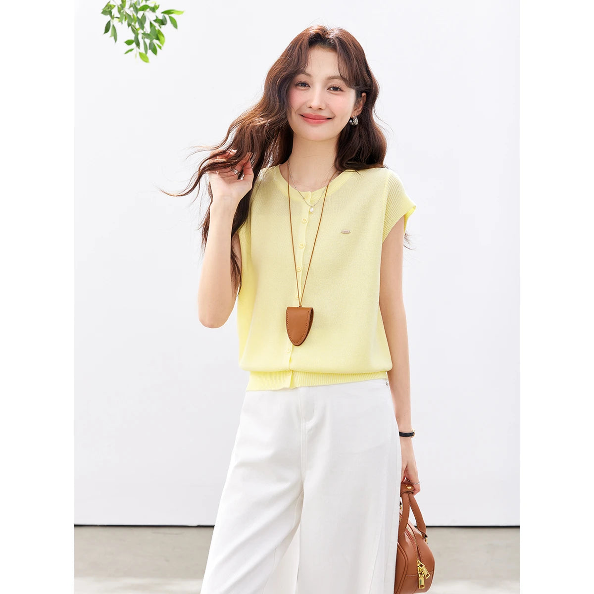 Button-Front Cap-Sleeve Knit Top