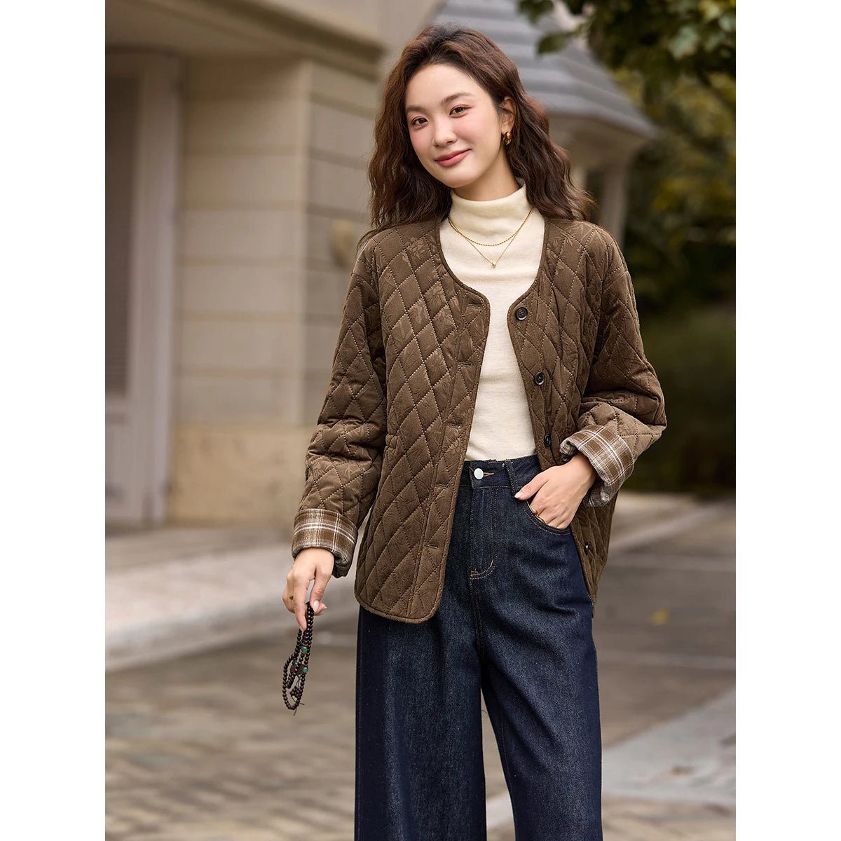 Plaid-Cuff Quilted Collarless Jacket