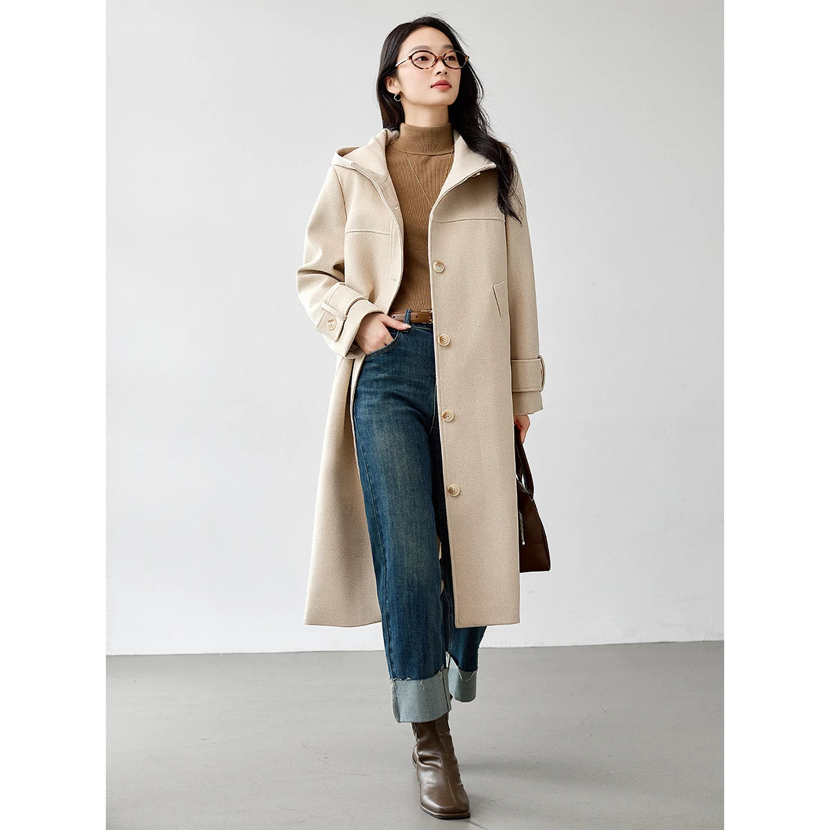 Hooded Button-Front Long Coat