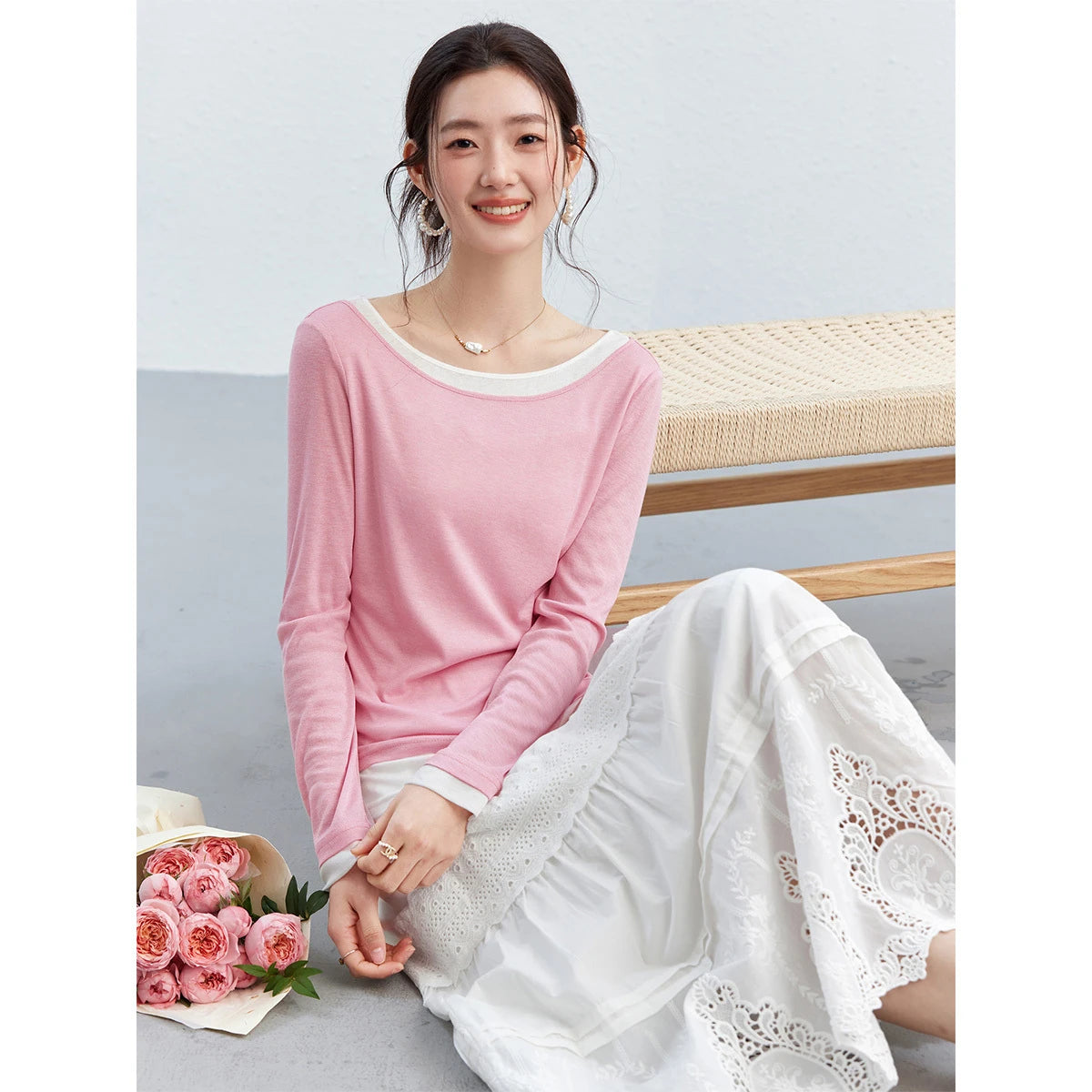 Layered Contrast-Neck Long-Sleeve Tee