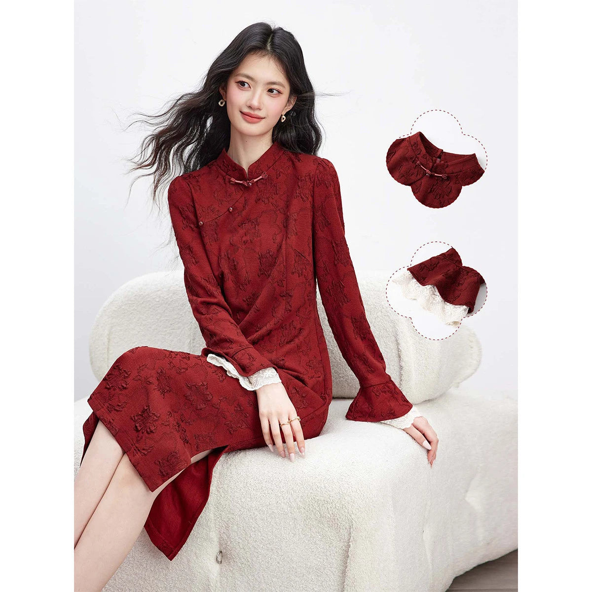 Jacquard Mandarin-Collar Midi Dress