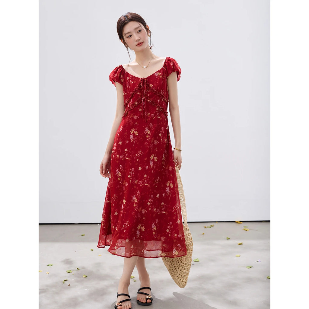 Floral Square-Neck Ruffle Midi Dress