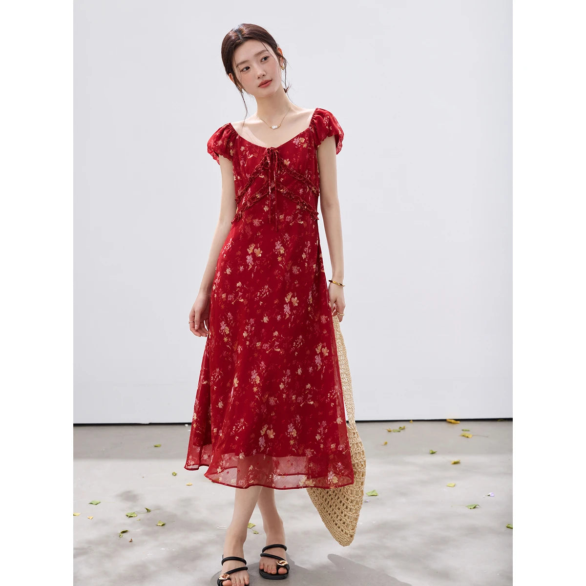 Floral Square-Neck Ruffle Midi Dress