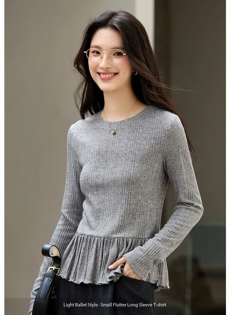 Ruffle-Hem Long-Sleeve Knit Top