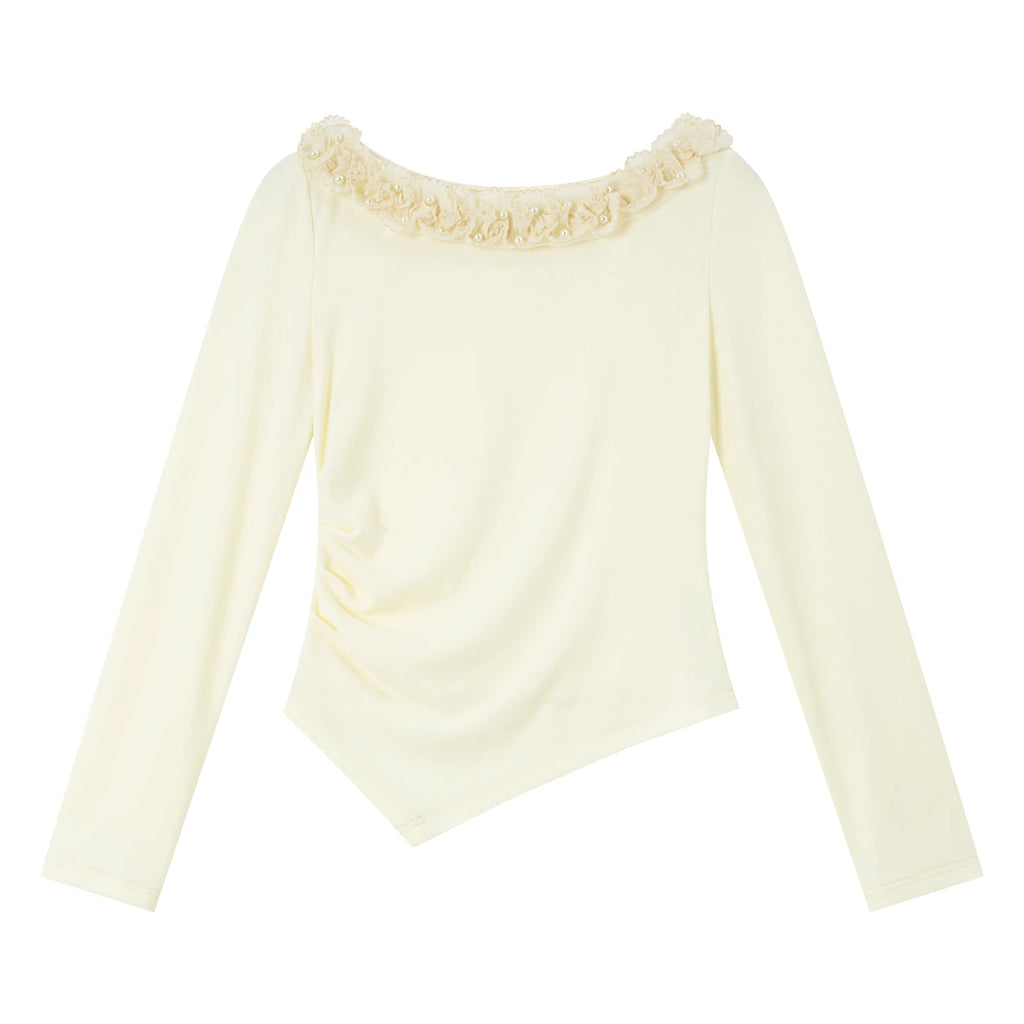 Asymmetric Ruffle-Neck Long-Sleeve Top