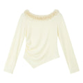Asymmetric Ruffle-Neck Long-Sleeve Top