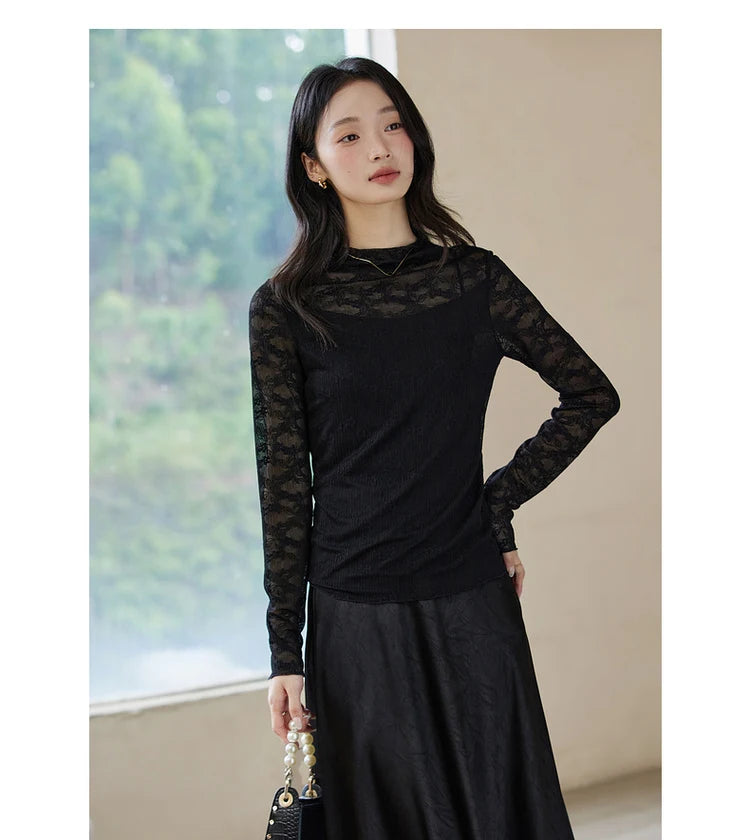 Lace-Sleeve Mock-Neck Top