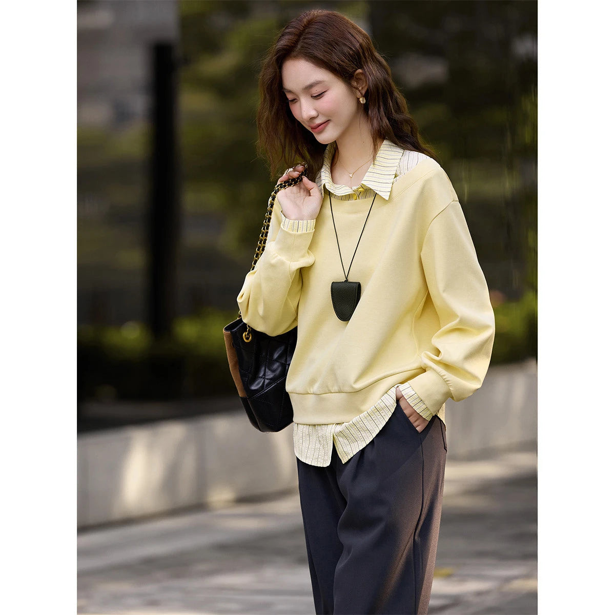 Layered Striped-Collar Sweatshirt
