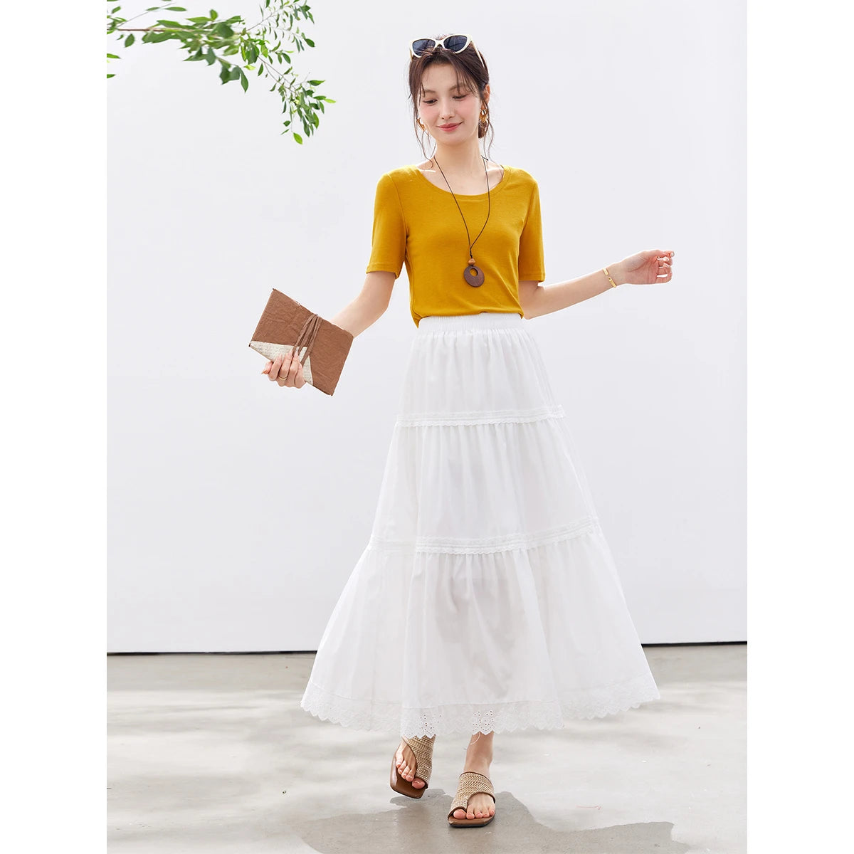 Lace-Hem Tiered Maxi Skirt