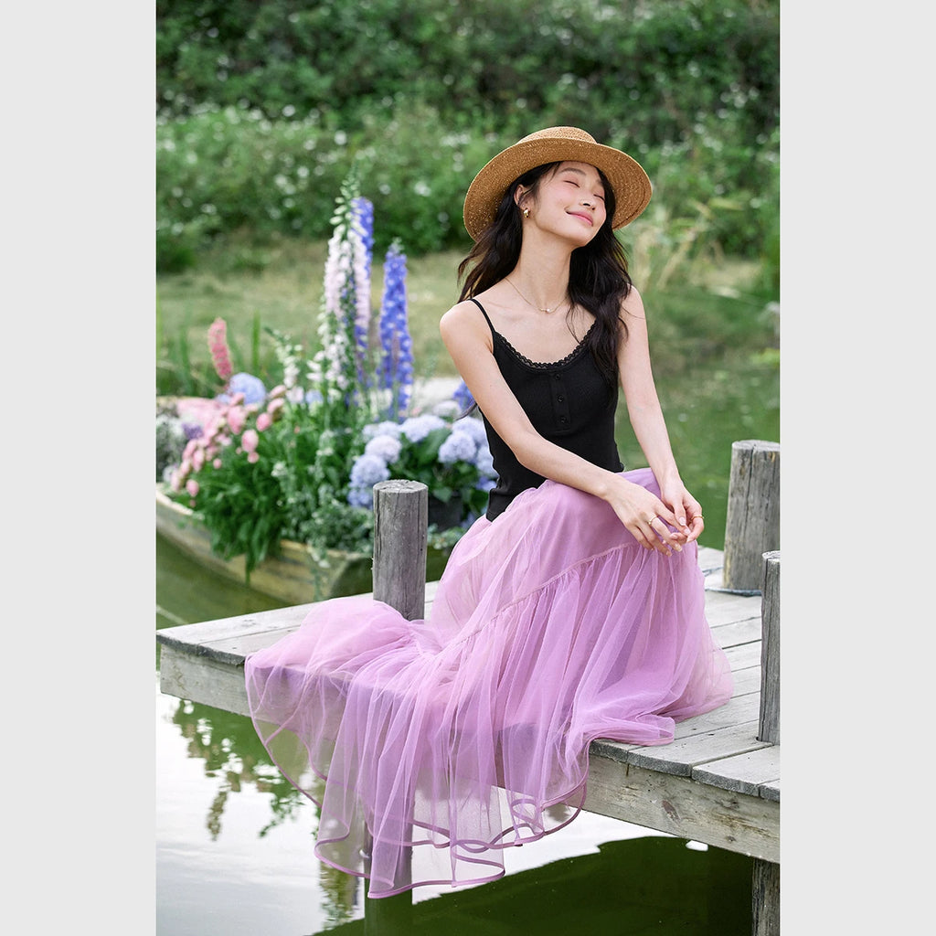 Tiered Mesh Midi Skirt