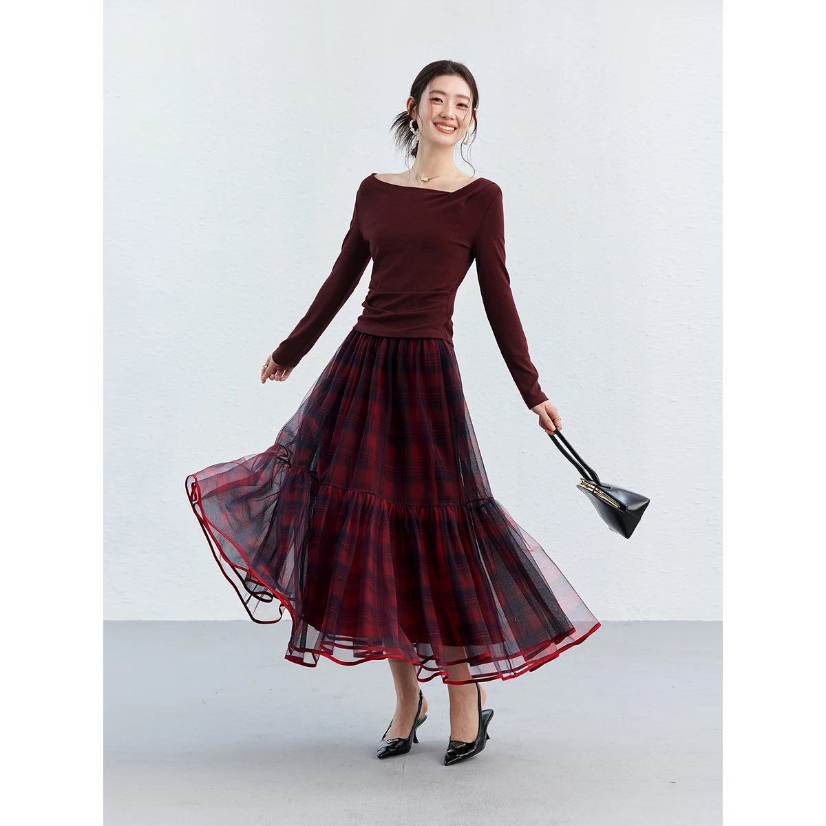 Red Plaid Mesh Tiered Midi Skirt