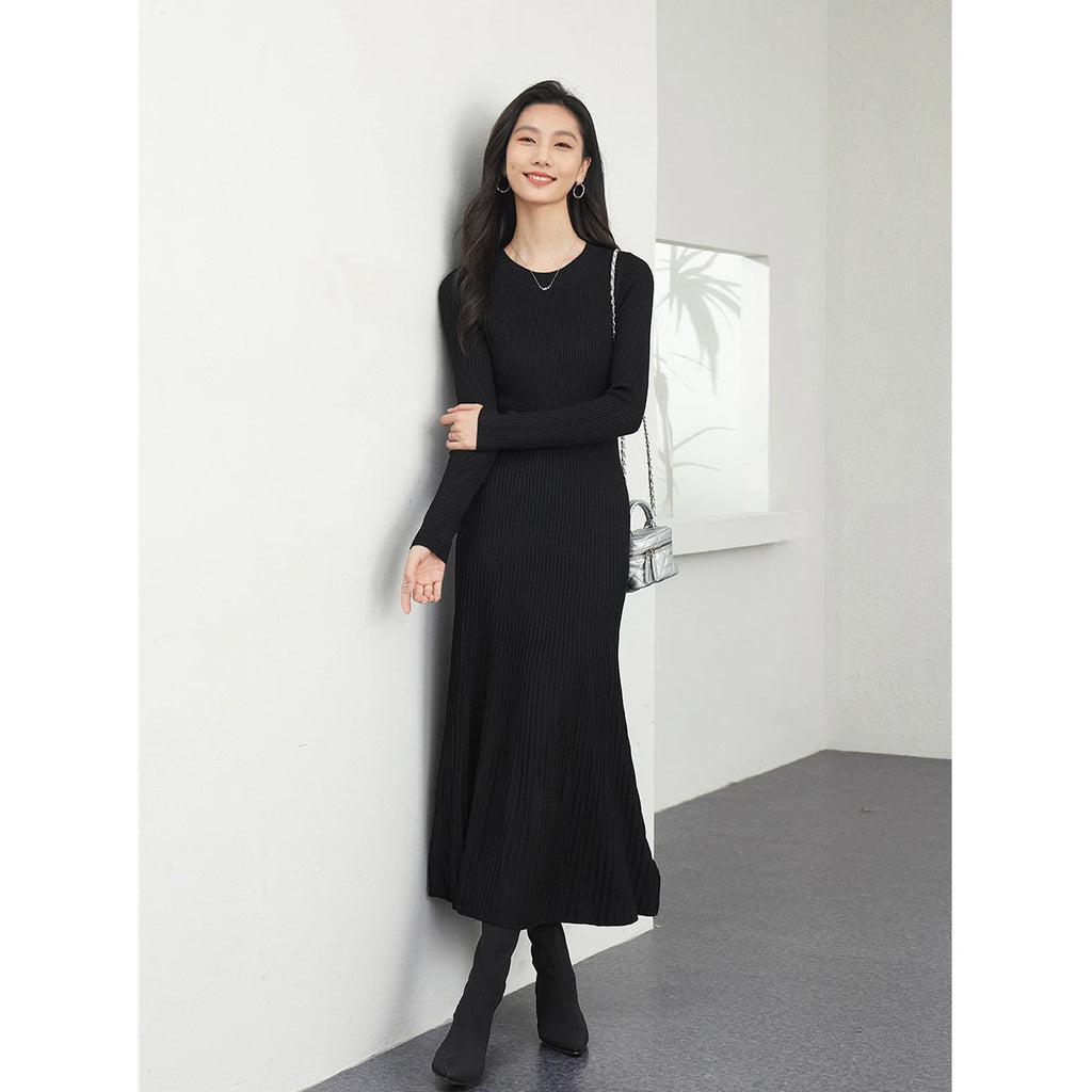 Ribbed Crew-Neck Knit Midi Dress