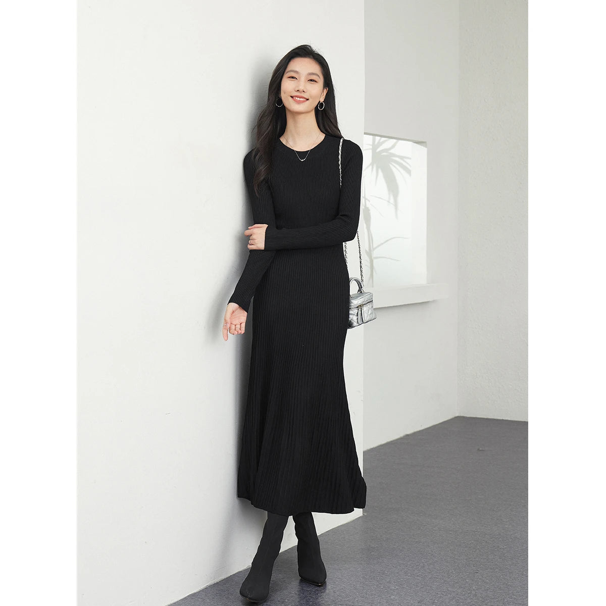 Ribbed Crew-Neck Knit Midi Dress