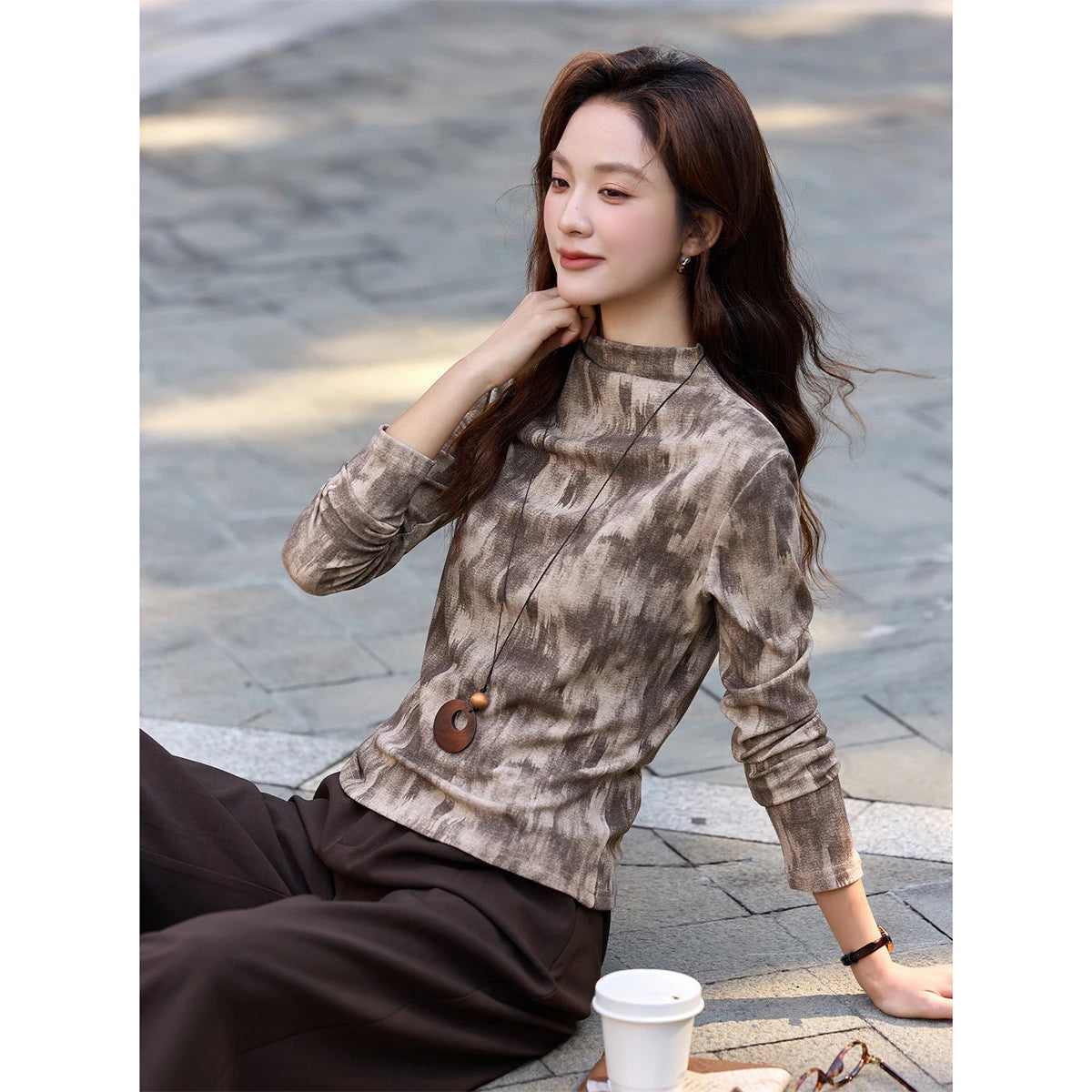 Abstract-Print Mock-Neck Top