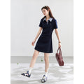 Pleated-Waist Contrast-Collar Polo Dress