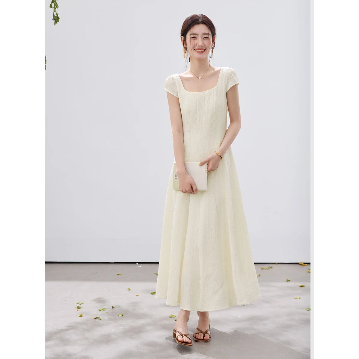 Square-Neck Puff-Sleeve Maxi Dress