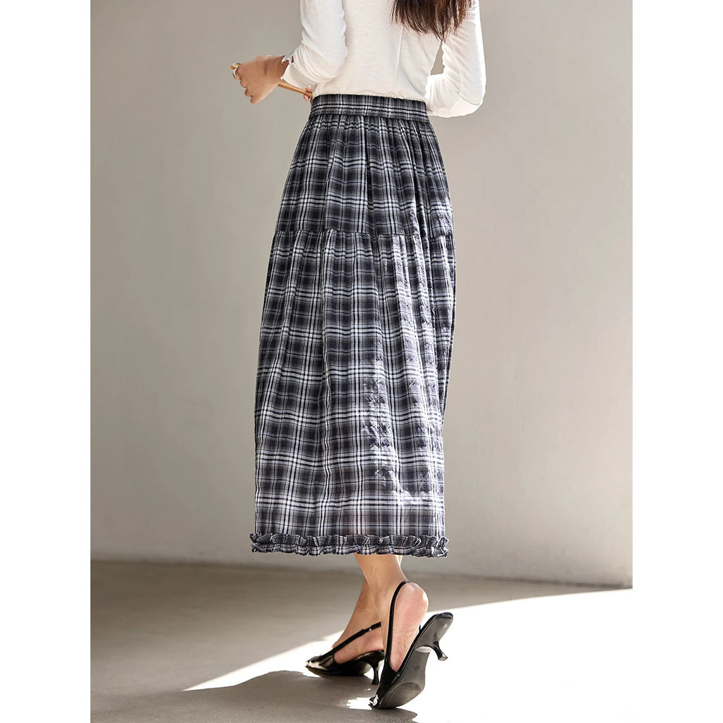 Plaid Ruffle-Hem Midi Skirt