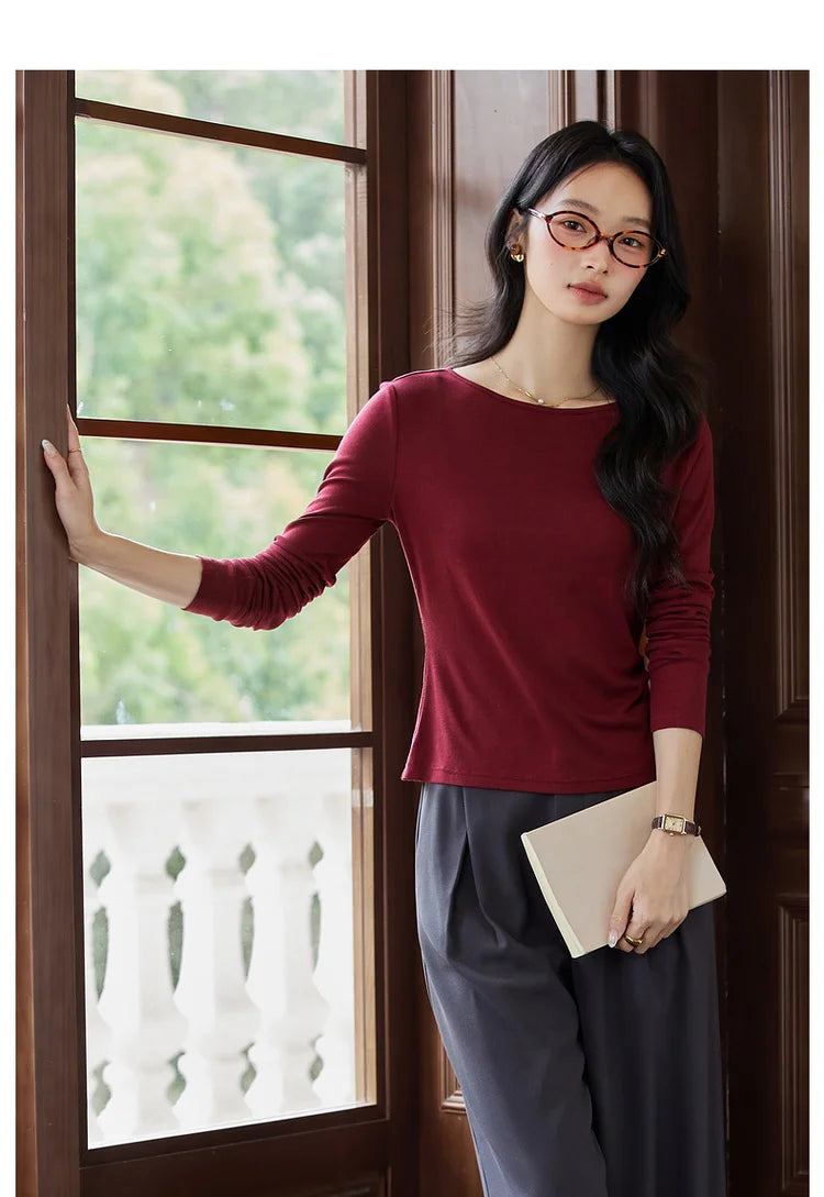 Boat-Neck Ruched Long-Sleeve Tee