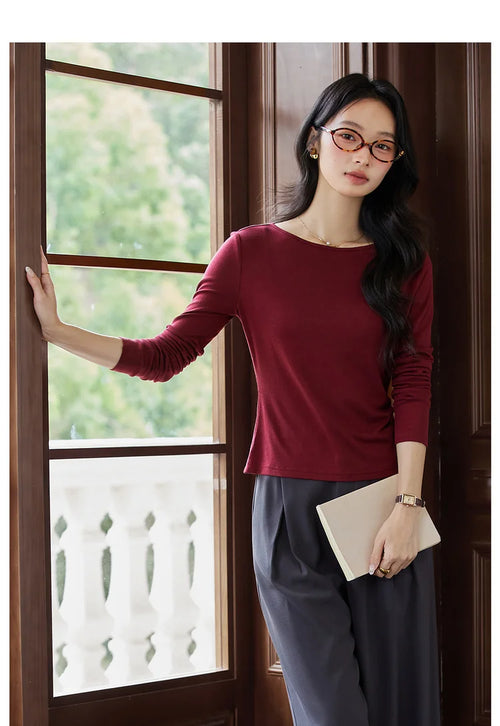Boat-Neck Ruched Long-Sleeve Tee