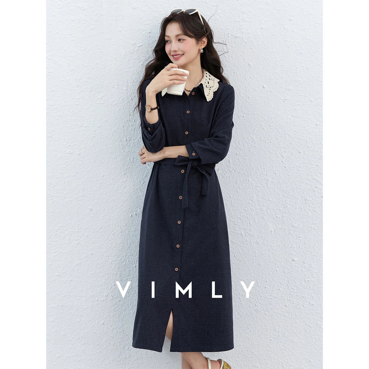 Lace-Collar Belted Midi Dress