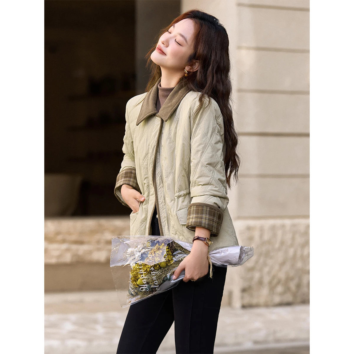Contrast-Collar Quilted Utility Jacket