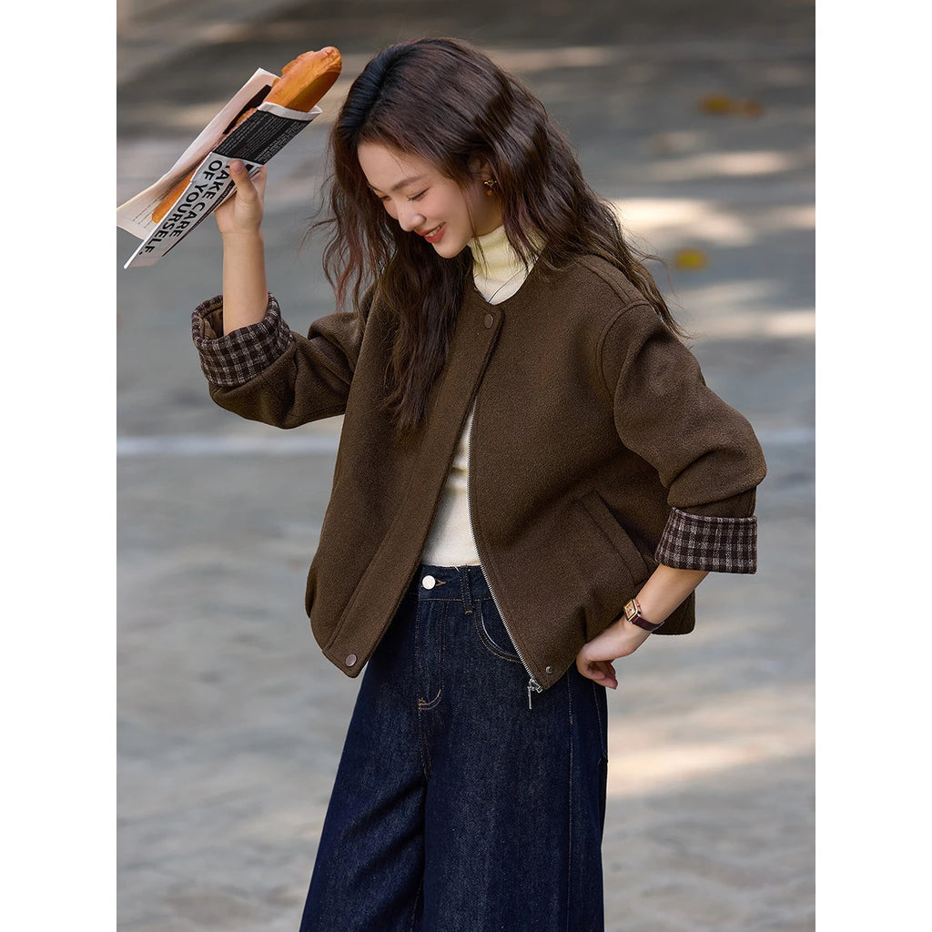 Contrast-Cuff Collarless Jacket