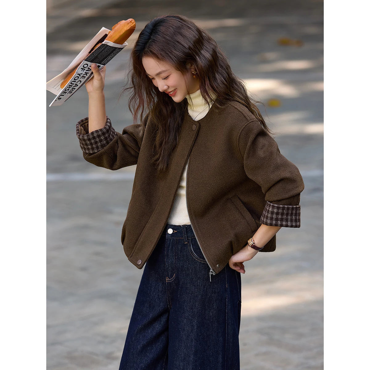 Contrast-Cuff Collarless Jacket